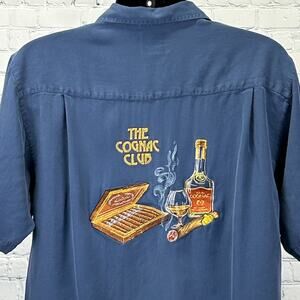 Luau The Cognac Club Cigars Hawaiian Camp Shirt Embroidered Silk Blue L Large
